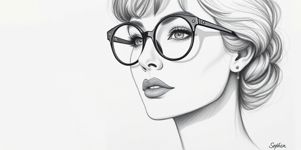 Beautiful Sophia Loren, pencil sketch, portrait of beautiful woman 60s in glasses, hair style beatnik, outline, clear lines, fine lines, 8k