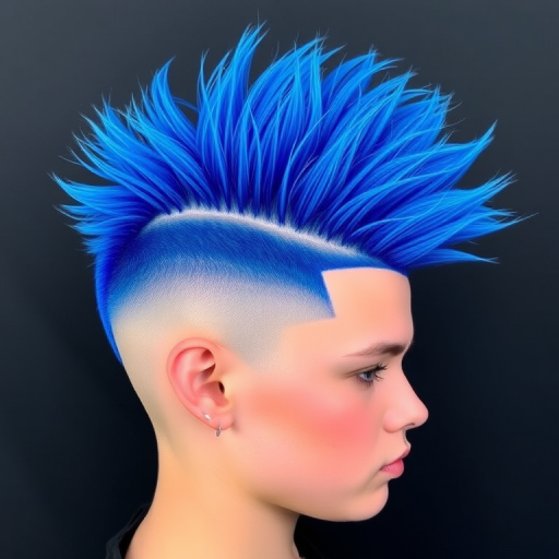 Striking electric blue mohawk titled "Neon Rebel" with shaved sides and a textured, spiky top, incorporating subtle metallic accents for extra dimension
