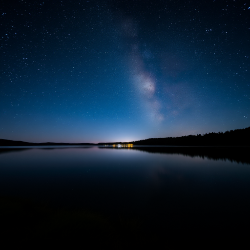 capture a serene nighttime landscape over a calm lake reflecting a starry sky with a hint of twilight in the background, use a wide-angle lens, f/2.8 aperture, ISO 1600, shutter speed 25 seconds, taken with a DSLR camera from a low angle to highlight foreground details