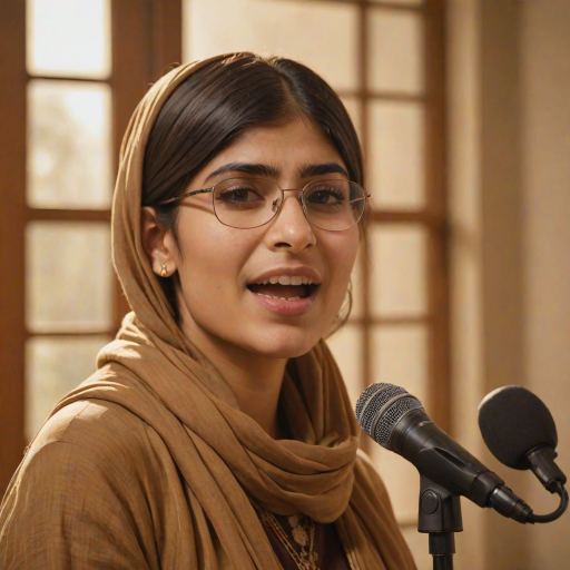 A close-up portrait of a mia khalifa with her eyes closed, singing into a microphone, positioned on the right side of the frame, facing the viewer. She is wearing a brown headscarf, gold earrings, and a brown blouse, and is bathed in warm, golden light emanating from the windows behind her. A blurred figure of a man singing into a microphone is visible in the background. The scene has a sense of calm and spirituality.