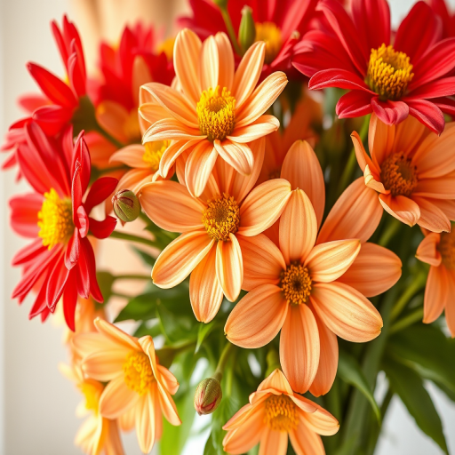 Create a vibrant illustration of a bouquet featuring red and peach flowers with yellow centers and green leaves, using a Canon EOS R5 with a 50mm lens, aperture f/2.8, ISO 100, with a shallow depth of field and soft natural lighting.