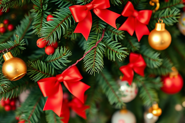 Create an image of a festive holiday scene with green pine branches adorned with bright red bows, golden bells, and colorful ornaments, using a DSLR camera with a 50mm lens, f/2.8 aperture, ISO 200, and a shallow depth of field for a vibrant, high-quality look, in a soft natural light setting.