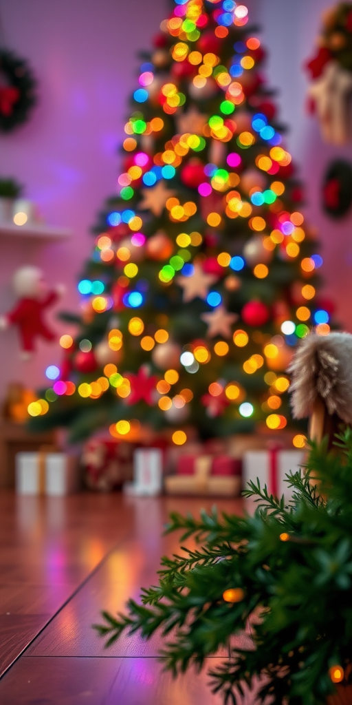 Cozy holiday scene with a softly blurred Christmas tree adorned with colorful lights and decorations in the background warm wooden floor in the foreground subtle greenery and festive atmosphere.