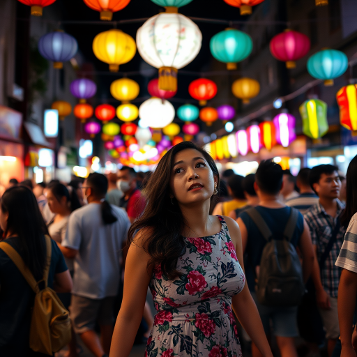 Crowded street festival at night, with colorful lanterns hanging above, a woman in a floral dress weaves through the crowd, her eyes wide with wonder at the lively scene around her.