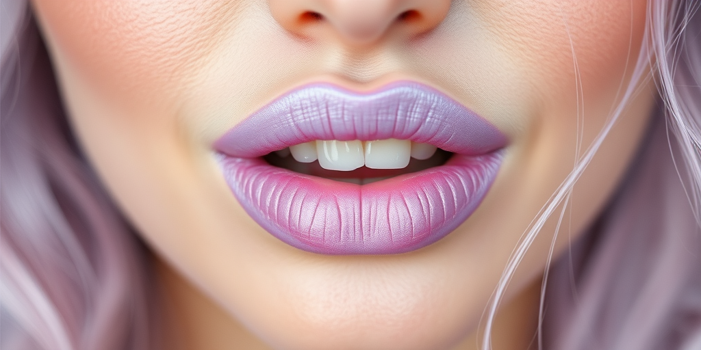 Pastel lavender woman lips with frosted finish, adding a whimsical and ethereal touch to the overall look