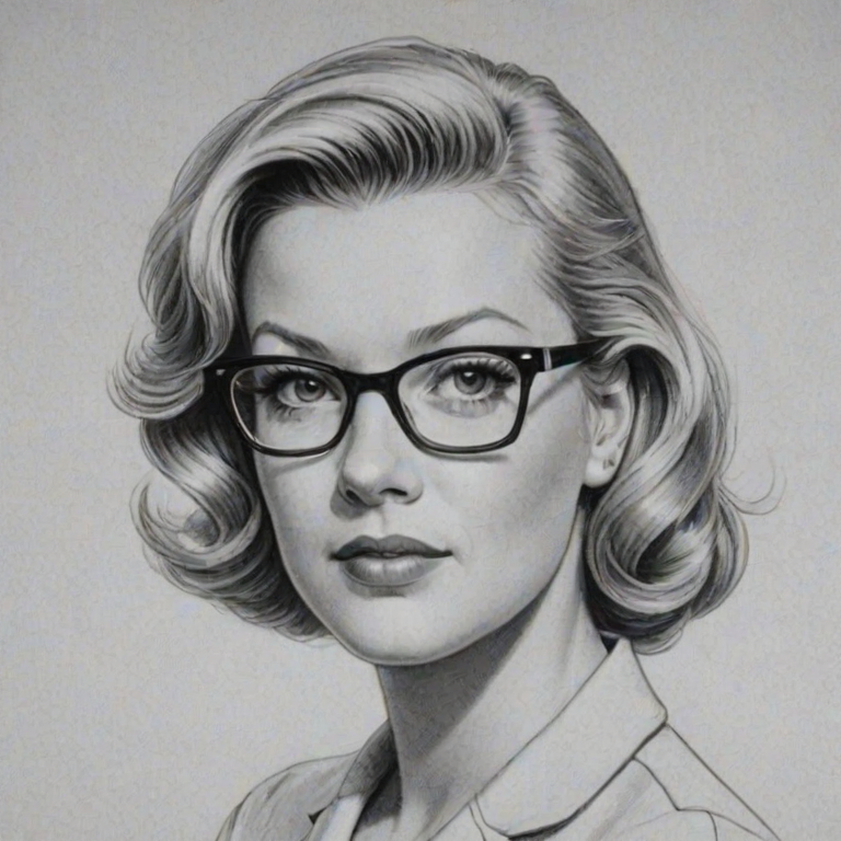 Graceful Barbara Niven, pencil sketch, portrait of Wonderful woman 1952s in glasses, hair style beatnik, outline, clear lines, fine lines, 8k