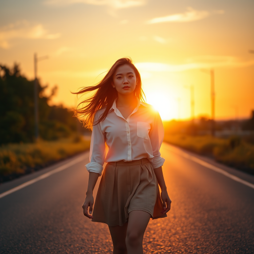 A young woman walking down a road during sunset, wearing a white shirt and a skirt, with flowing hair; camera settings: f/8, ISO 100, 1/200 sec; camera view: wide-angle; camera style: vibrant and cinematic; camera type: DSLR.