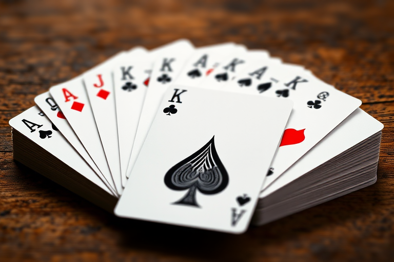 Create an image of a deck of playing cards arranged in a fan layout with the Ace of Spades prominently displayed, using a DSLR camera with a 50mm lens, f/2.8 aperture, 1/125s shutter speed, and ISO 100, capturing the cards in sharp focus with a soft blurred background.