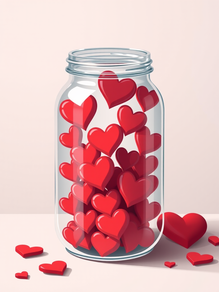 Create an illustration of a glass jar filled with a variety of red hearts of different sizes, take the shot with a Canon EOS R5, aperture f/2.8, shutter speed 1/60s, ISO 200, in a top-down view, high-resolution vector style for a clean and polished look.