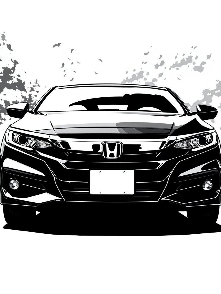 Generate a high-contrast black and white stylized illustration of a Honda car, using an aperture of f/8 for sharpness, ISO 100 for clarity, and a shutter speed of 1/200s, captured from a low angle with a slight tilt to enhance perspective, using a DSLR camera.