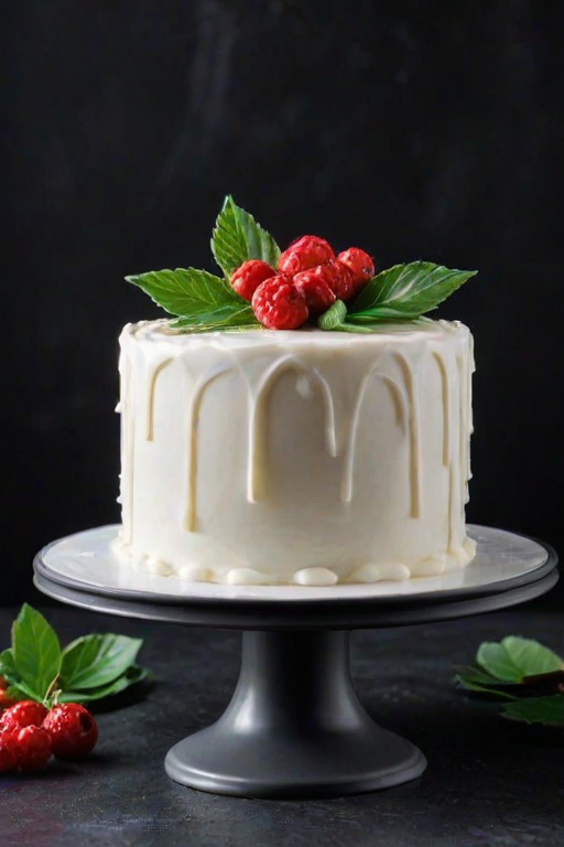 Create an image of a beautifully decorated cake with a smooth white frosting. The cake should feature intricate rosette designs on the sides and have green leafy accents with small red berries at the base. The cake is displayed on a simple white cake stand against a dark background.