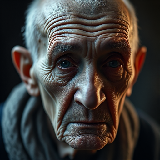 Generate a hyper-realistic portrait of an elderly, ethereal figure with a bald head and pronounced features, using a Canon EOS R5 with a 50mm f/1.2 lens, aperture set to f/2.8, ISO 100, and soft diffused lighting to enhance skin texture and details, captured from a low angle for dramatic effect.