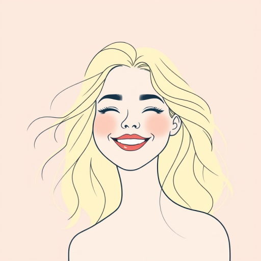 create a minimalist line art illustration of a smiling person with flowing hair in soft pastel colors, set against a smooth abstract background, using a digital drawing tablet, at a resolution of 300 DPI, in portrait orientation, with a view from eye level and a focus on vibrant color contrast