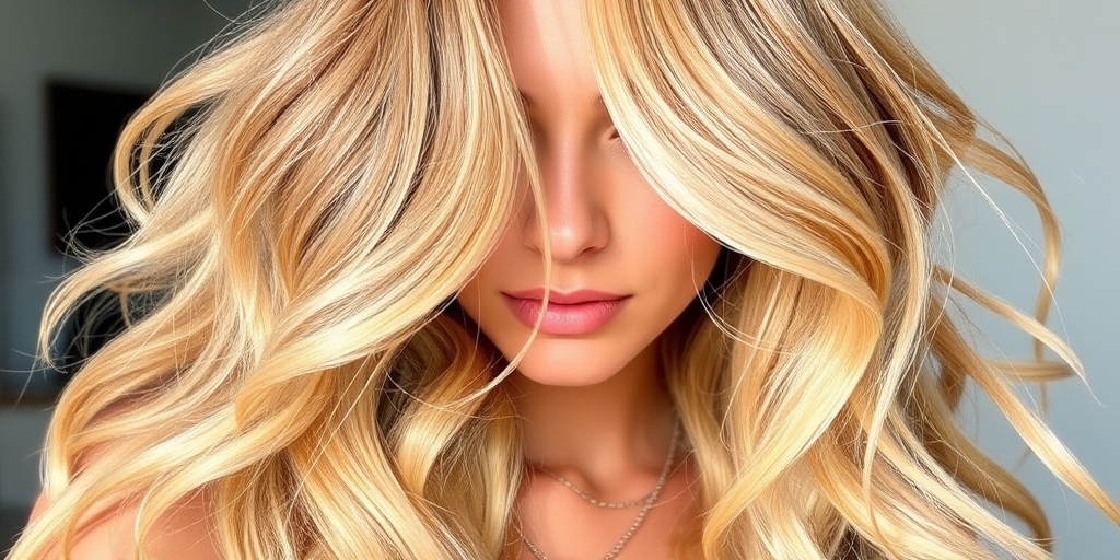 Luminous honey blonde beach waves with sun-kissed highlights, crafted by Sandy Shore, exhibiting a natural, effortless look with soft tendrils framing the face and subtle lowlights for depth
