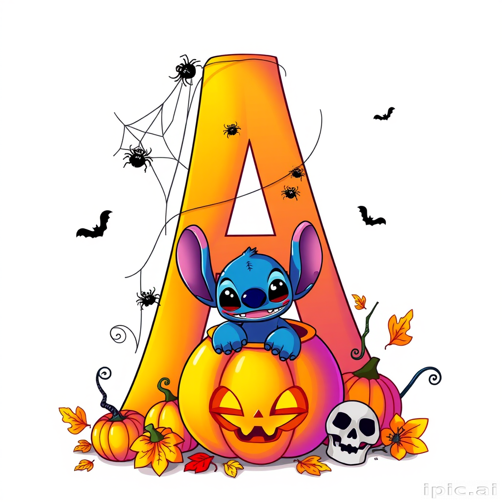 A whimsical and vibrant Halloween-themed digital illustration featuring the letter 'A' adorned with spider webs, small bats, and cute spiders. At the base of the letter, a playful alien character similar to Stitch is peeking out from inside a carved pumpkin with glowing eyes, surrounded by additional pumpkins, a small skull, and autumn leaves. The letter is gradient-colored from orange to purple, adding a magical atmosphere to the scene.