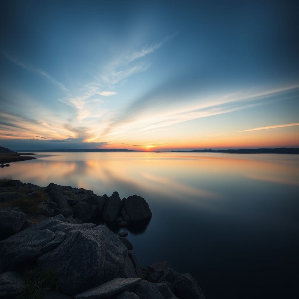 Create a high-definition image of a serene landscape with a sunset over a calm lake, captured with a Canon EOS 5D Mark IV, 24mm lens, aperture f/8, ISO 100, at a 1/125 second shutter speed, using a wide-angle view for depth.