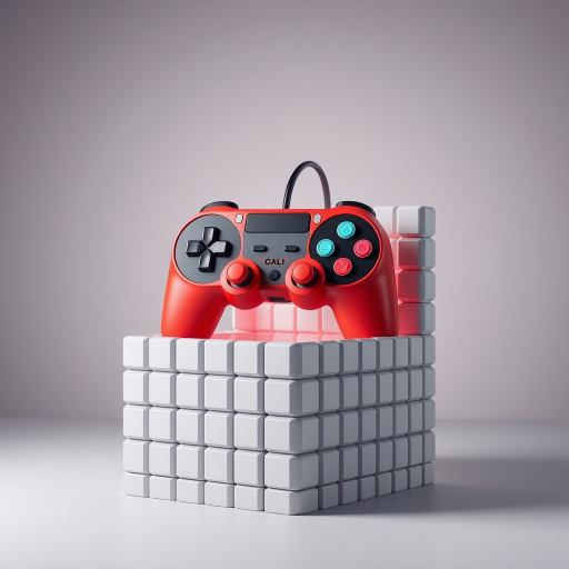 create a hyper-realistic 3D render of a retro game controller emerging from a pixelated block structure, use a 50mm lens, aperture f/2.8, ISO 100, shot in a studio setting with soft lighting and a neutral background to enhance depth and color vibrancy