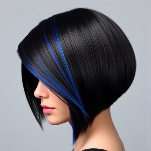 Dramatic jet black asymmetrical bob named "Obsidian Slate" featuring a razor-sharp angle and glossy finish, accentuated by a single streak of electric blue