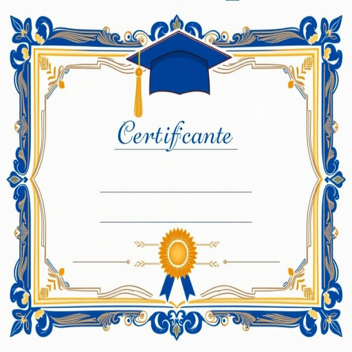 Generate a high-resolution image of a blank certificate of graduation with a decorative border featuring gold and blue elements, include a scroll in the center and a sun emblem, camera type: DSLR, camera style: portrait, camera settings: aperture f/8, ISO 100, shutter speed 1/125s, natural lighting, focus on clarity and color vibrancy.