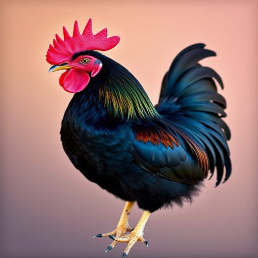 A vibrant black rooster with a red comb and wattles, detailed feathers, sharp claws, against a subtle gradient background, captured using a DSLR camera with a 50mm lens, f/2.8 aperture, ISO 100, in a portrait view with natural lighting to enhance color saturation and clarity.