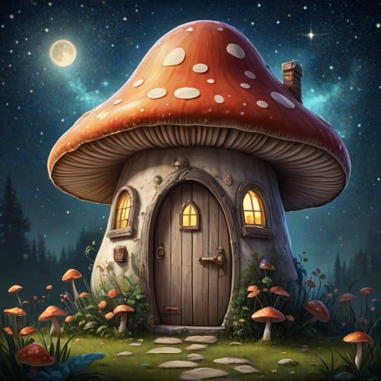 generate illustration of a mushroom house with a door and a window, a storybook , fantasy art, mushroom house, bg starry sky, sparkles