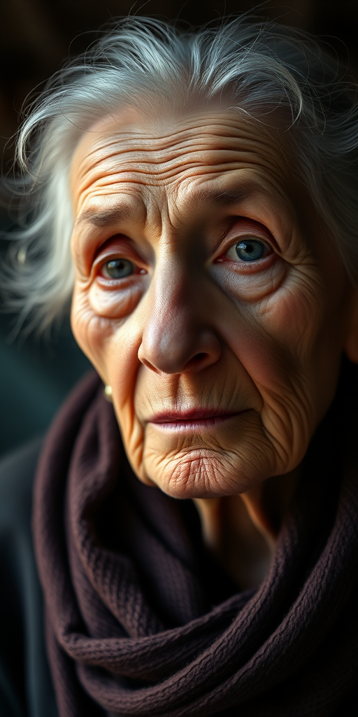 portrait of an elderly woman with soft lighting, rich textures, and subtle color tones, captured with a 50mm lens, f/1.8 aperture, ISO 200, natural light, shallow depth of field, on a digital mirrorless camera