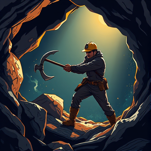 Create a vector-style illustration of a miner in a cave, swinging a pickaxe, with dramatic lighting and shadows, using a digital drawing technique, 4K resolution, 24mm lens, f/8 aperture, soft focus background.
