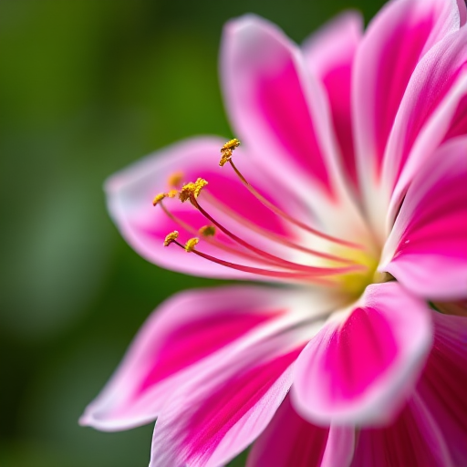 Capture a close-up of a pink and white flower with a soft-focus green background, using a DSLR camera with a 50mm lens, f/2.8 aperture, ISO 100, and a shallow depth of field for enhanced detail and clarity.