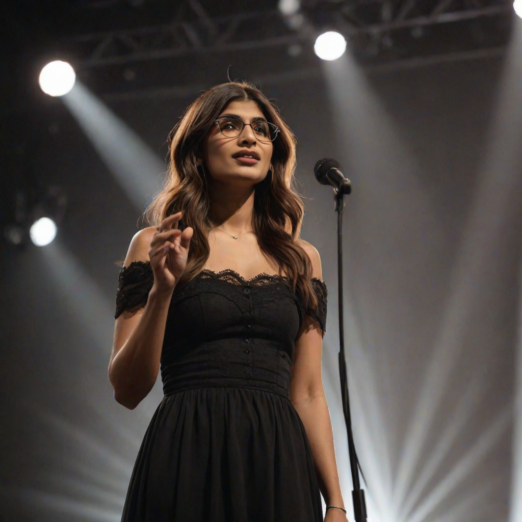 mia khalifa with long, flowing brown hair is standing in the center of the frame, holding a microphone in her right hand, and looking slightly off to the right side of the frame. She is wearing a black, off-the-shoulder dress with delicate lace detailing. The lighting is warm and dramatic, creating a spotlight effect on the singer. There are other figures in the background, blurred and out of focus, suggesting a concert or performance setting. The camera angle is low, capturing the woman from the waist up. The overall atmosphere is intimate and captivating.