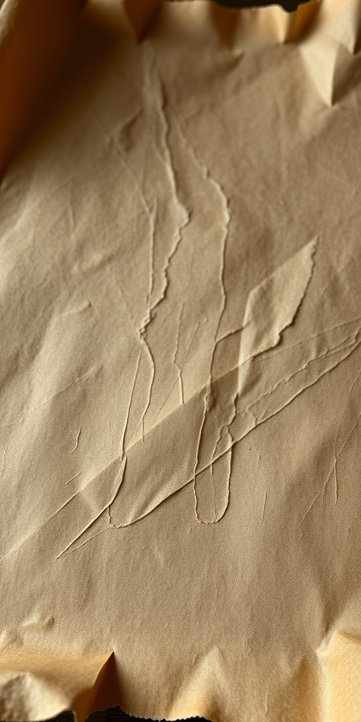 Create an image of an aged parchment with curled edges and visible texture, captured with a Canon EOS 5D Mark IV, 50mm lens, f/2.8 aperture, ISO 100, natural lighting, top-down perspective, and a slightly blurred background to enhance focus on the parchment detail.