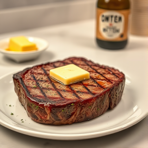 Create an image of a perfectly seared ribeye steak, resting on a white plate with a pat of melting butter on top. The steak is seasoned with fresh herbs like thyme and parsley, with glistening juices highlighting the texture of the meat. The background features a soft focus on a light, marble countertop, with a small dish of butter and an olive oil bottle in the distance. The overall mood should be warm and inviting, capturing the deliciousness and juiciness of the steak.