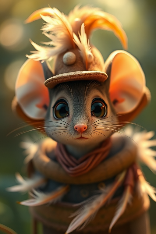 Cute mouse in a hat with big feathers and big eyes, high detail, disney or Pixar style, 4k, cinematic, sharp focus, sunlight, sunbeam, intricate detail, highly detailed, surrealism, dreamlike, Fairytale,