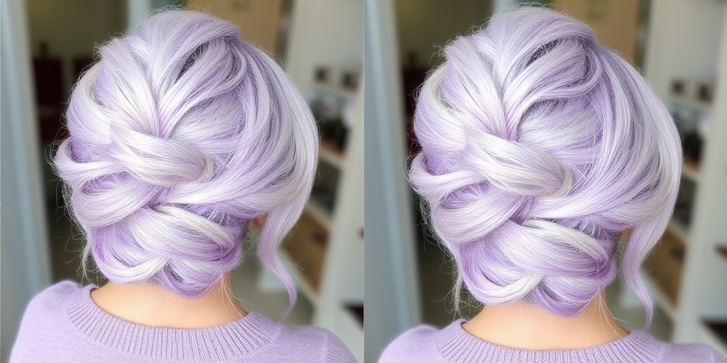 Icy platinum blonde hair with lavender tones in a chic French twist, Frosted Lilac Twist creation, combining elegance with a touch of whimsy and pastel charm