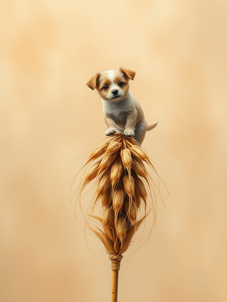 Soft, muted Alcohol Ink with ebru effect background image of tiny whimsical dog, who climbed high on the top of a golden rye ear.