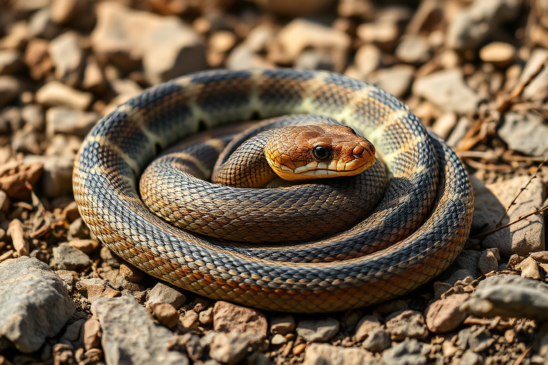 A close-up shot of a coiled rattlesnake resting on rocky ground, taken with a Canon EOS R5, 85mm lens, f/2.8 aperture, ISO 200, natural light to enhance texture and detail, shallow depth of field for a soft background blur.