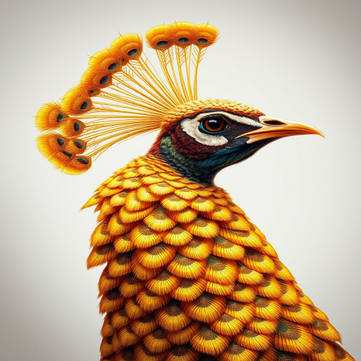 Create a detailed illustration of a golden peacock with intricately designed feathers, captured with a full-frame DSLR camera at f/2.8, ISO 100, 1/200 sec shutter speed, using a macro lens to enhance the texture and details of its plumage, in a soft light studio setting to highlight its iridescence and elegance.