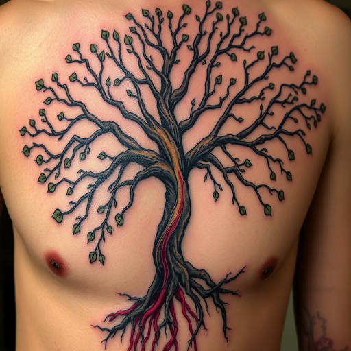 Surrealist tattoo blending elements of nature and human anatomy, showcasing a tree with branches morphing into veins and arteries, called "Organic Fusion"