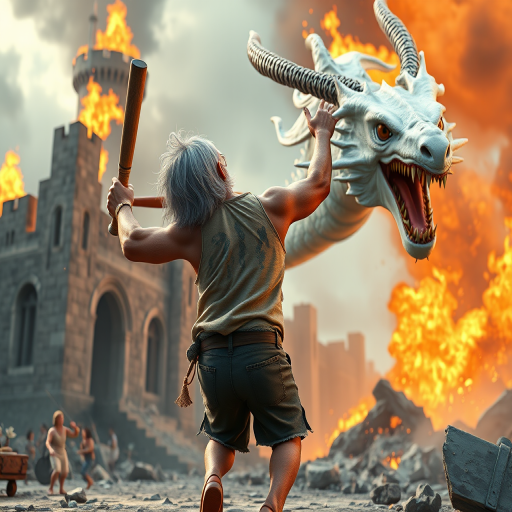 Cartoon 3D High-Resolution,dynamic battle scene using Unreal Engine 5 and Octane Render. The scene features back of an elderly, thai man with a beard,messy hair and round golden-rimmed glasses. He is wearing a tattered tank top with soot marks, shorts, and sandals. sweating. he wields a baseball bat. He jump to fight with a white fire-breathing Europe dragon amidst a partially destroyed stone castle. Include intense flames, smoke, and debris to enhance the dramatic effect.