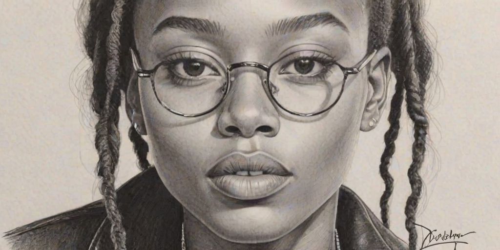 Stunning Ashton Sanders, pencil sketch, portrait of Enticing woman 1979s in glasses, hair style beatnik, outline, clear lines, fine lines, 8k