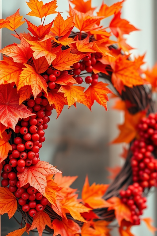 autumn wreath with vibrant orange and red leaves, clusters of red berries, wooden twigs, soft focus background, macro lens, f/2.8 aperture, 50mm lens, natural lighting, high resolution