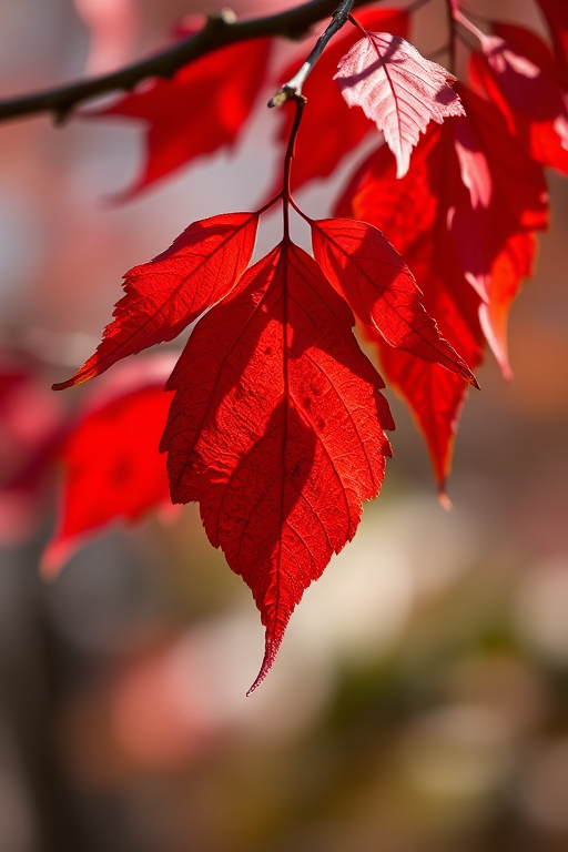 macro photography of dried red leaves hanging on a branch, shallow depth of field, f/2.8 aperture, 100mm lens, ISO 200, natural sunlight, Canon EOS 5D Mark IV, focus on leaf texture, blurred background for depth