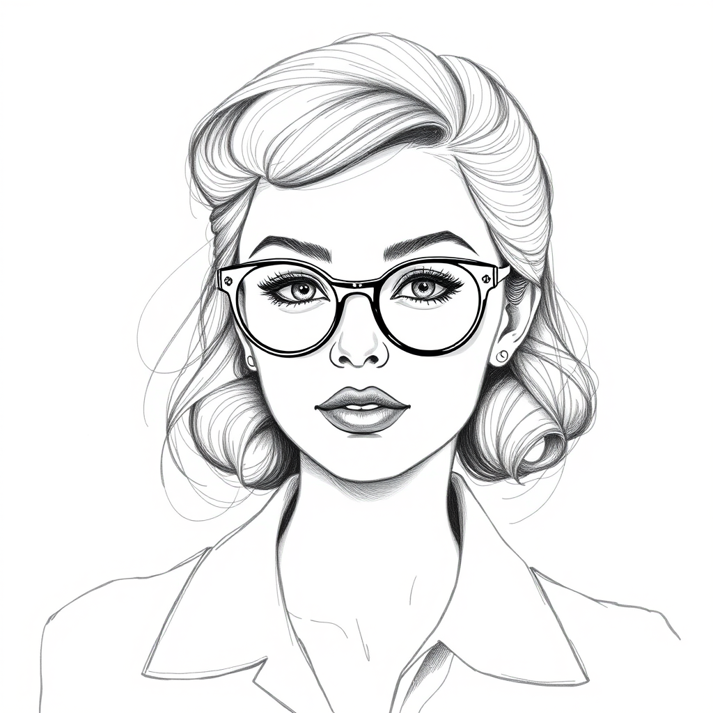 Beauteous Miranda Cosgrove, pencil sketch, portrait of Fetching woman 1946s in glasses, hair style beatnik, outline, clear lines, fine lines, 8k