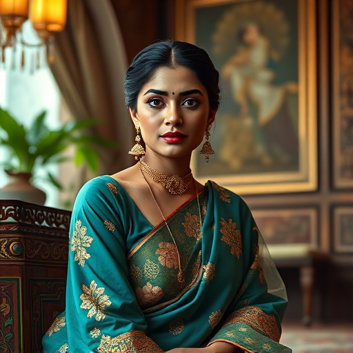 A beautiful Bangladeshi woman in traditional East Asian attire, intricately detailed with embroidered patterns, sitting gracefully in a richly decorated room, soft ambient lighting, serene and elegant, ultra-realistic, 8K resolution