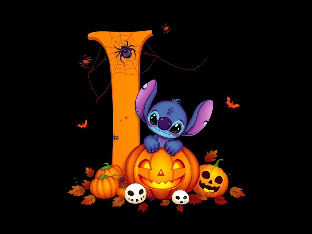 A whimsical and vibrant Halloween-themed digital illustration featuring the letter "L" adorned with spider webs, small bats, and cute spiders. At the base of the letter, a playful alien character similar to Stitch is peeking out from inside a carved pumpkin with glowing eyes, surrounded by additional pumpkins, a small skull, and autumn leaves. The letter is gradient-colored from orange to purple, adding a magical atmosphere to the scene, black background