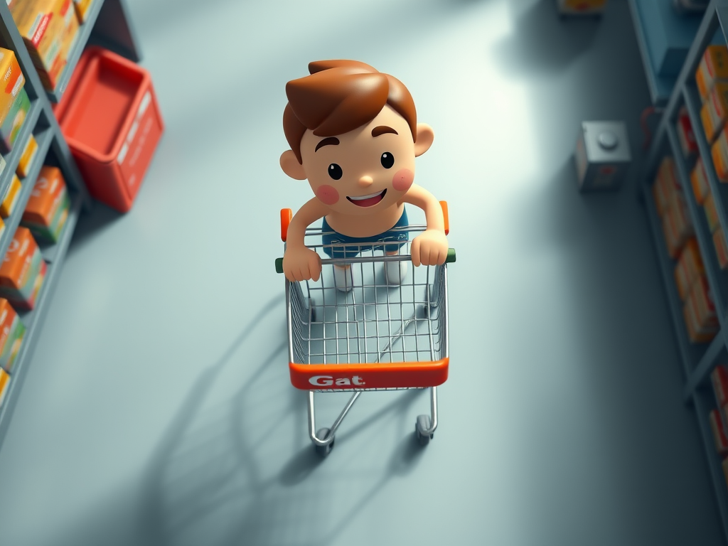 Create a top-down view of a simplistic 3D cartoon character pushing a shopping cart, use a Canon EOS 5D Mark IV camera with a 24-70mm f/2.8 lens, aperture set to f/5.6, ISO 100, and a soft light setup to enhance shadows and details.