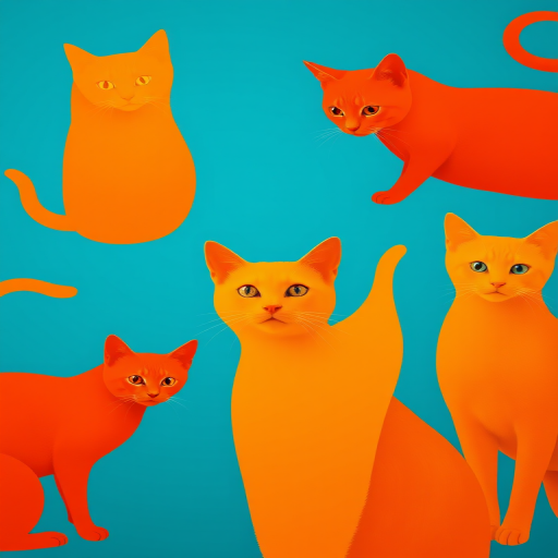 Create a vibrant abstract image of stylized cats in warm colors like orange and yellow against a cool blue background, captured with a DSLR camera at f/2.8, ISO 100, 1/250s, portrait view, and using a soft focus lens to enhance color saturation and depth.