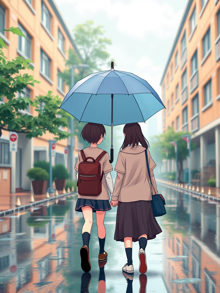 A vibrant anime-style scene of two students holding hands under an umbrella, walking on a rain-soaked street with school buildings in the background, shot with a Canon EOS R5 at f/2.8, ISO 100, 24mm lens, soft focus, sunny day lighting.