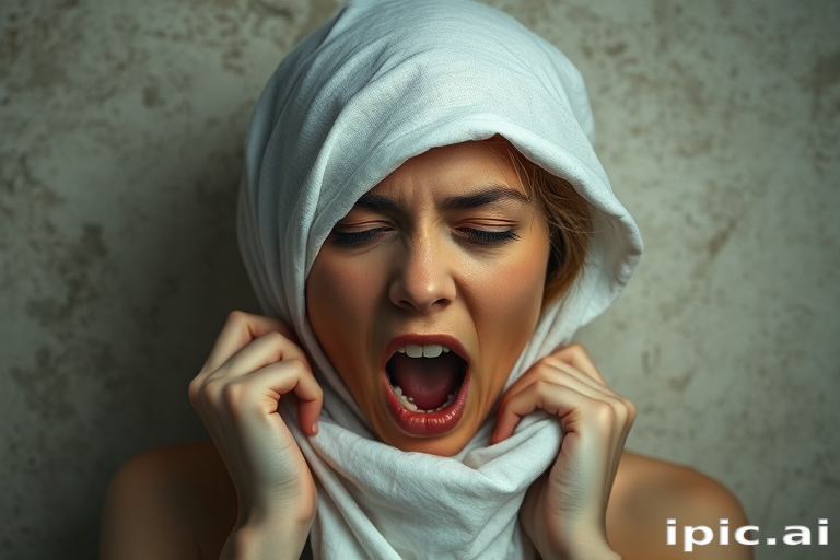 Create a close-up photographic image of the head and torso of a person with light skin tones shown against an old, worn wall. Their head is wrapped in a white cloth covering (i.e.... parts of the head except the nose and mouth, which are open as if they are screaming...), with a slight texture and visible folds in the fabric. Thin strands of blonde hair escape from the wrapping above, falling lightly at the top and sides. Their hands hold the fabric as if they are tugging nervously. The lighting is dramatic and even, casting strong shadows. The image has a minimalist and surreal style with an emphasis on simplicity with soft color tones. The composition is centered.