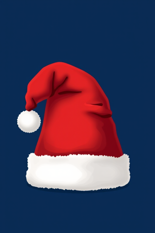 Create a vibrant illustration of a Christmas hat on a solid dark blue background, using a Canon EOS R with a 50mm lens, aperture f/1.8, ISO 100, focused on the hat, capturing rich colors and sharp details for enhanced image quality.