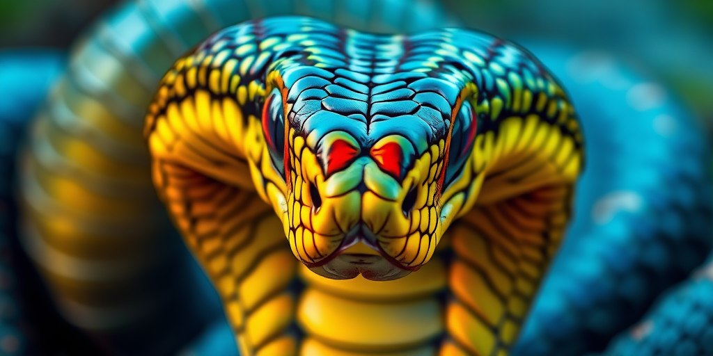Create a high-resolution illustration of a cobra with vibrant colors and intricate details, using a digital drawing style, 300 DPI, from a low angle perspective to emphasize the cobra's hood, with a focus on contrast and depth.